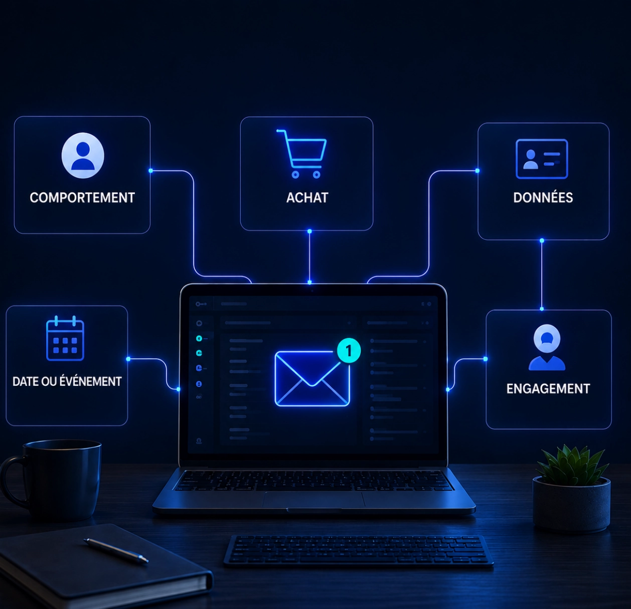 Illustration d'un ordinateur affichant un tableau de bord d'email marketing, relié à cinq déclencheurs d'automatisation : comportement, achat, données, date ou événement et engagement.