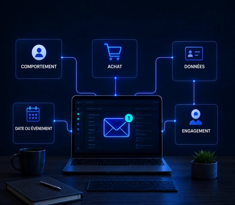 Illustration d'un ordinateur affichant un tableau de bord d'email marketing, relié à cinq déclencheurs d'automatisation : comportement, achat, données, date ou événement et engagement.