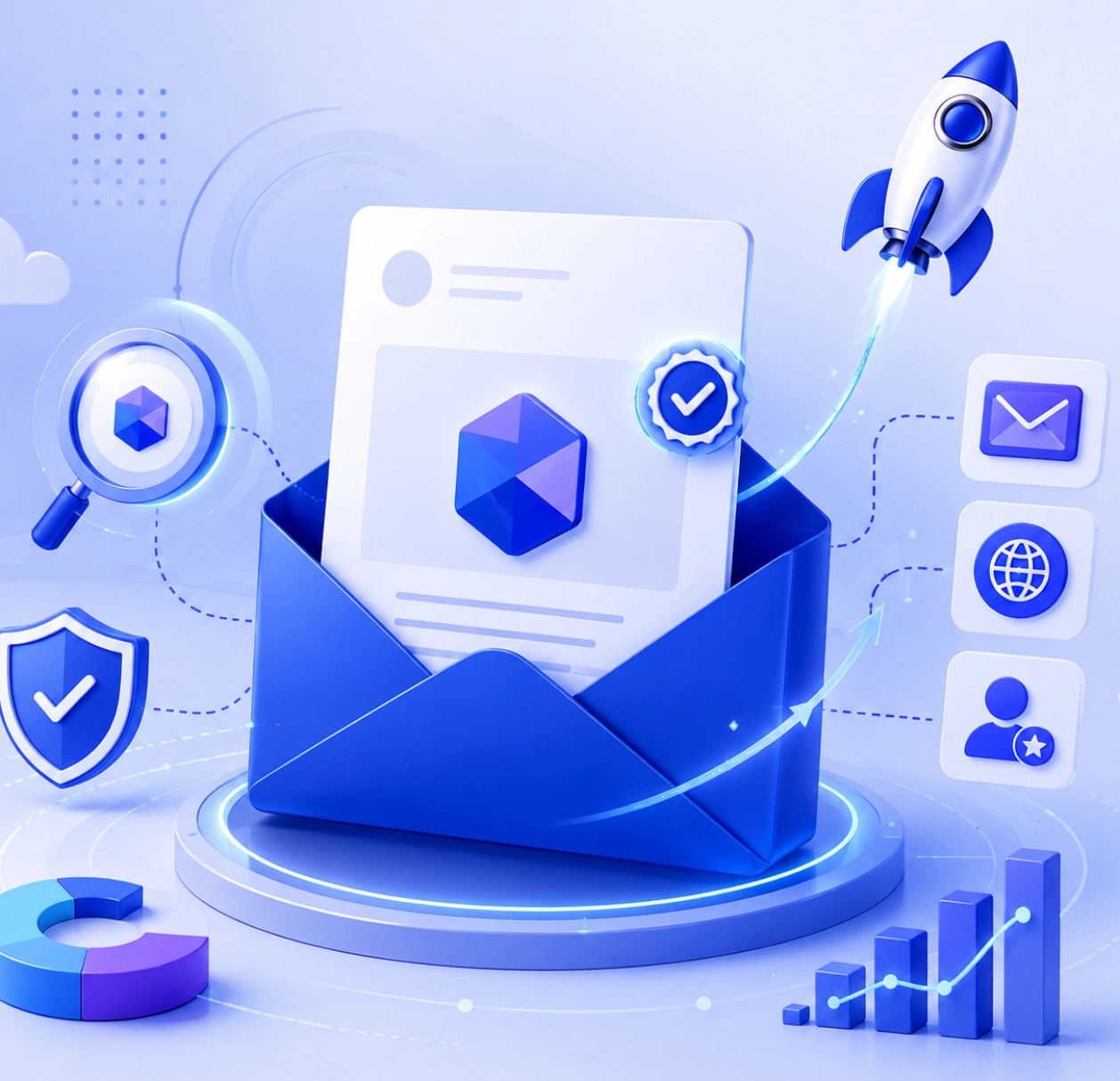 Illustration représentant un email authentifié avec un logo de marque vérifié, des éléments de sécurité et d'identité visuelle illustrant la spécification BIMI pour les emails.