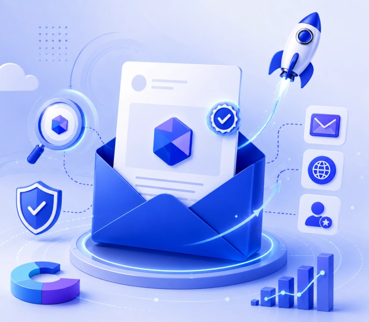 Illustration représentant un email authentifié avec un logo de marque vérifié, des éléments de sécurité et d'identité visuelle illustrant la spécification BIMI pour les emails.