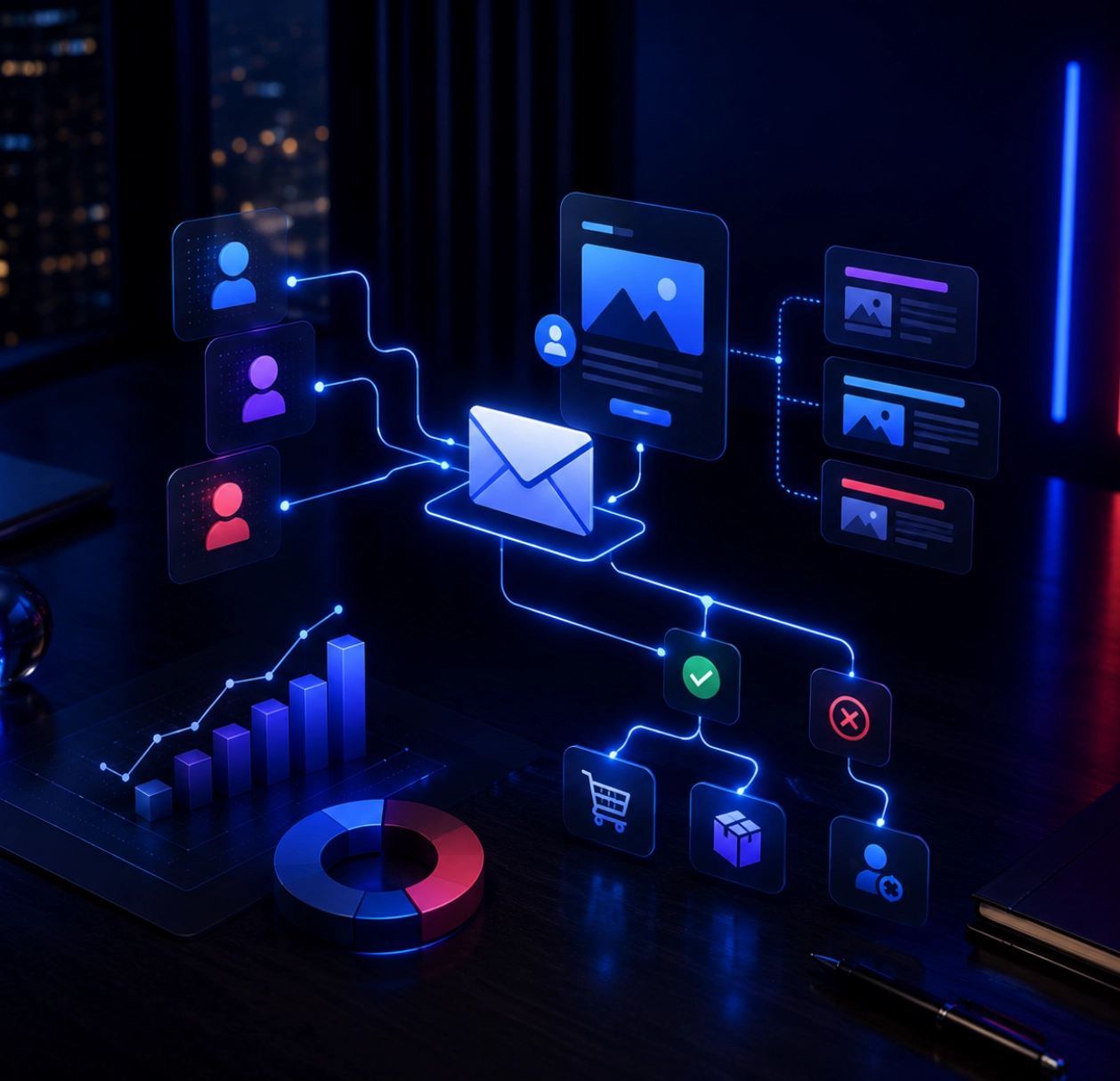 Illustration représentant un workflow de personnalisation des emails avec segmentation des contacts, contenus dynamiques, scénarios de marketing automation et tableau de bord analytique.