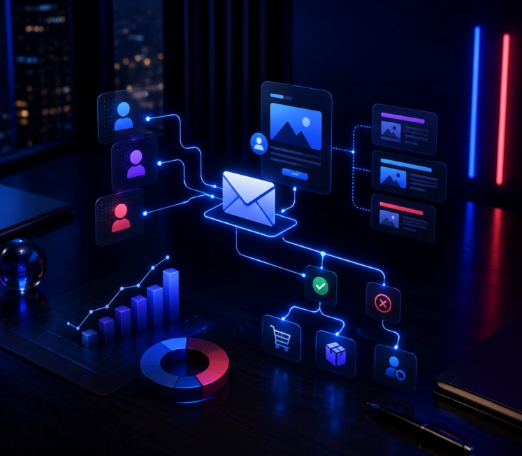 Illustration représentant un workflow de personnalisation des emails avec segmentation des contacts, contenus dynamiques, scénarios de marketing automation et tableau de bord analytique.