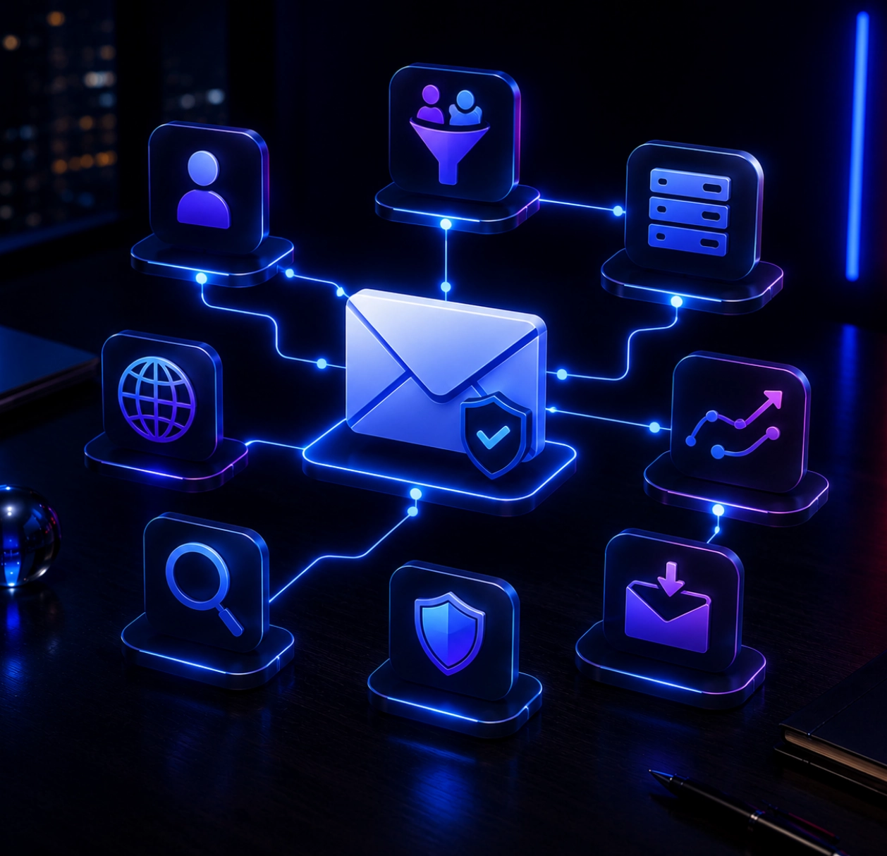 Illustration représentant les principaux éléments de la délivrabilité email avec une enveloppe sécurisée reliée à des icônes de réputation d'expéditeur, authentification, segmentation, analyse et infrastructure d'envoi.