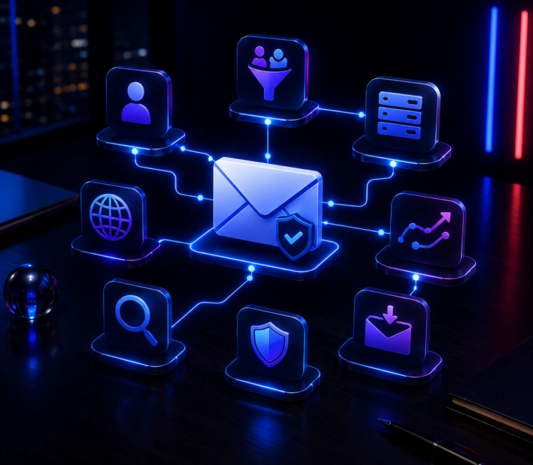 Illustration représentant les principaux éléments de la délivrabilité email avec une enveloppe sécurisée reliée à des icônes de réputation d'expéditeur, authentification, segmentation, analyse et infrastructure d'envoi.