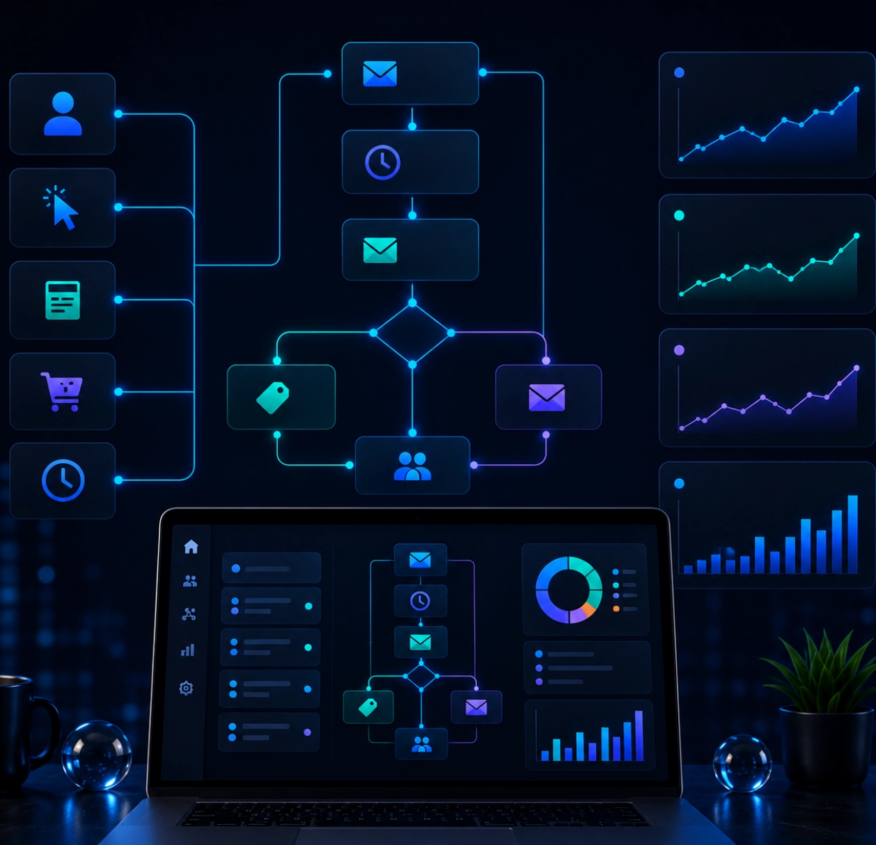 Illustration d'une plateforme de marketing automation affichant des workflows automatisés, des segments de contacts et des tableaux de bord de performance sur un ordinateur portable.