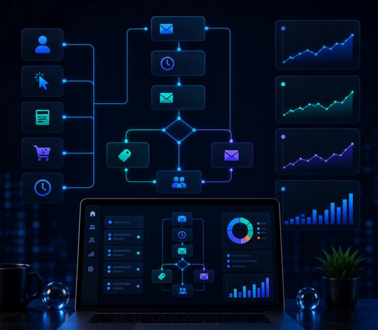 Illustration d'une plateforme de marketing automation affichant des workflows automatisés, des segments de contacts et des tableaux de bord de performance sur un ordinateur portable.