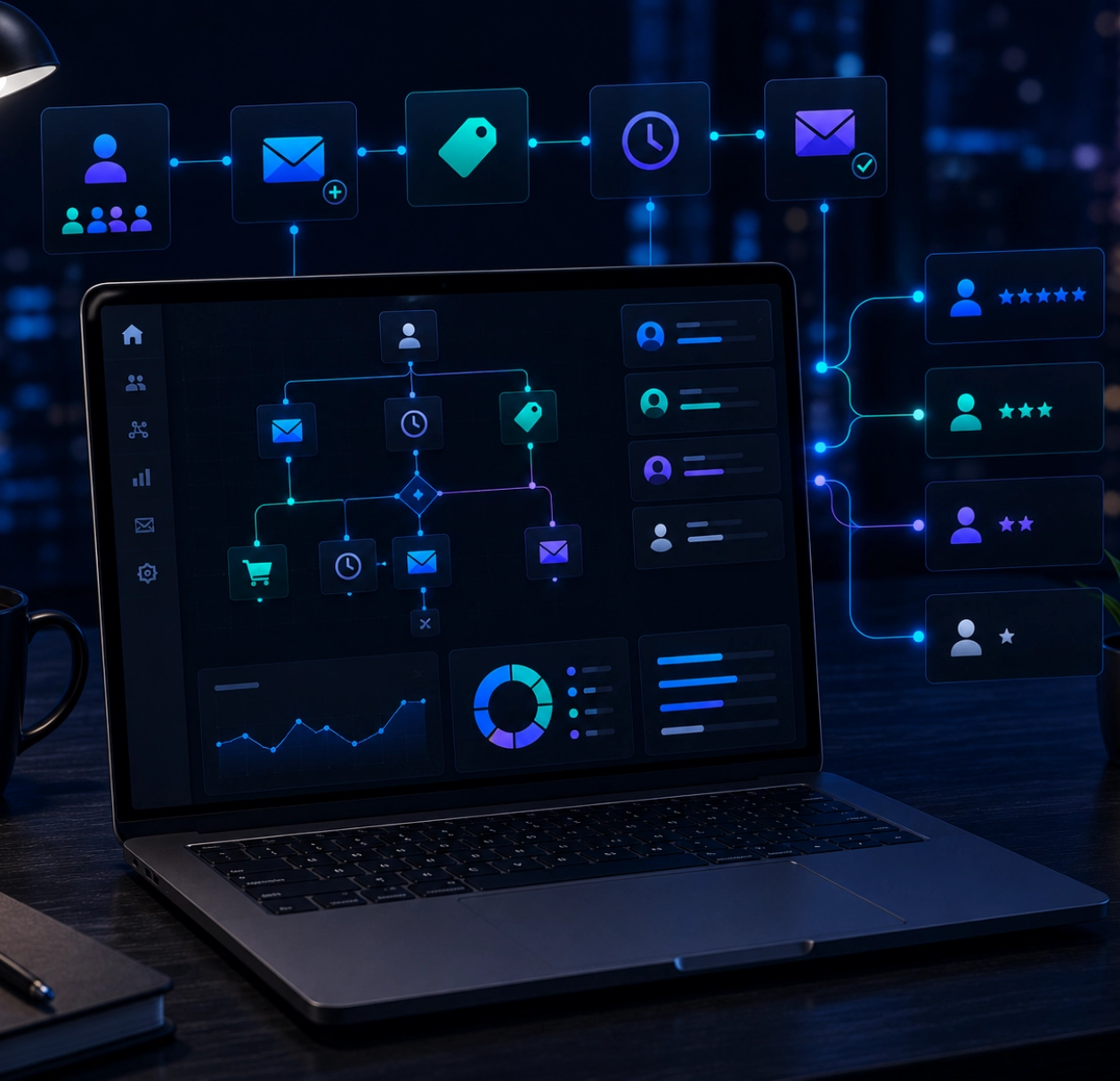 Illustration d'une plateforme de marketing automation affichant un parcours client email avec des scénarios automatisés, des déclencheurs et des indicateurs de performance sur un ordinateur portable.