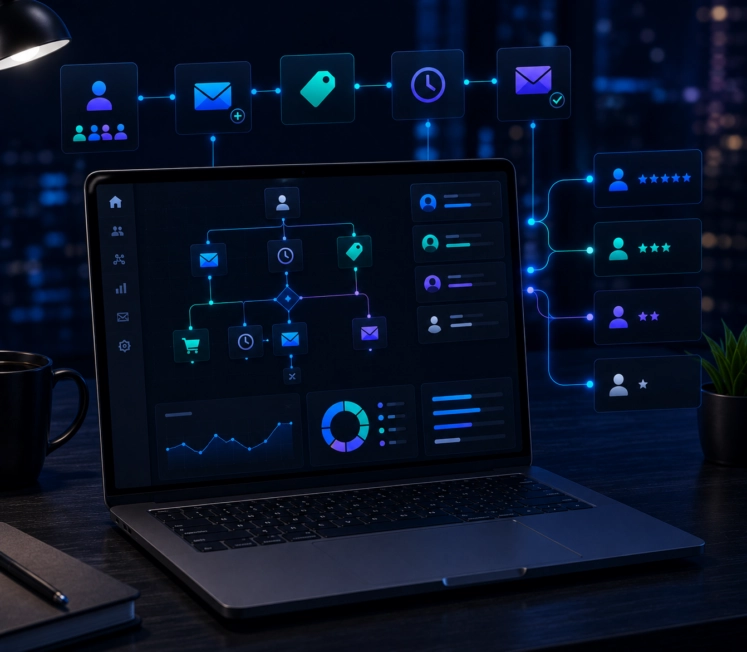 Illustration d'une plateforme de marketing automation affichant un parcours client email avec des scénarios automatisés, des déclencheurs et des indicateurs de performance sur un ordinateur portable.