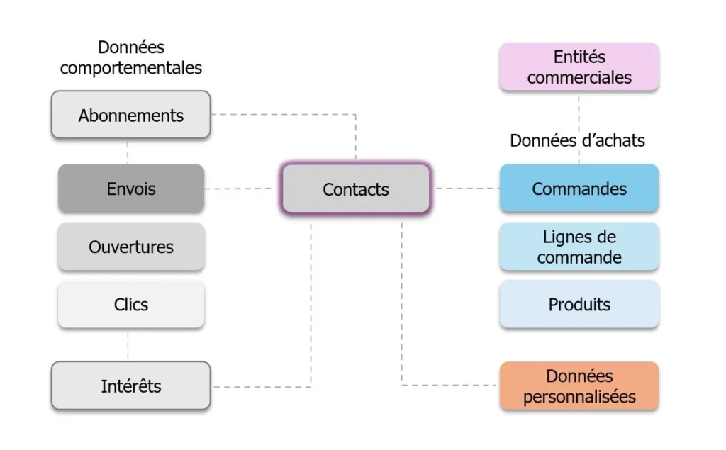 Schéma des données exploitables dans Campaign Data Centric avec le modèle de données multi-tables