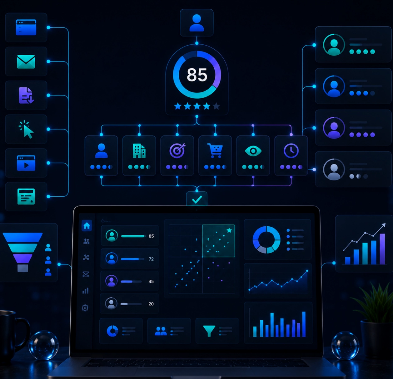 Illustration d'une plateforme de lead scoring affichant le score de prospects, leur segmentation et un tableau de bord d'analyse sur un ordinateur portable.