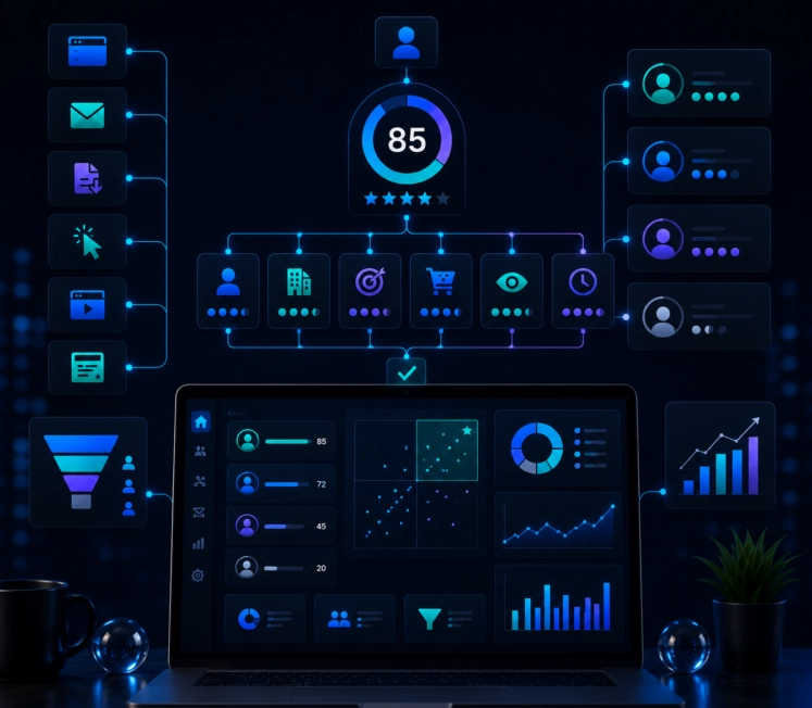 Illustration d'une plateforme de lead scoring affichant le score de prospects, leur segmentation et un tableau de bord d'analyse sur un ordinateur portable.