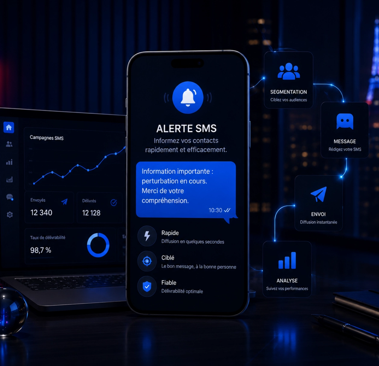 Illustration d'une plateforme d'envoi d'alertes SMS affichée sur un ordinateur et un smartphone, mettant en avant la diffusion rapide de notifications et le suivi des performances.