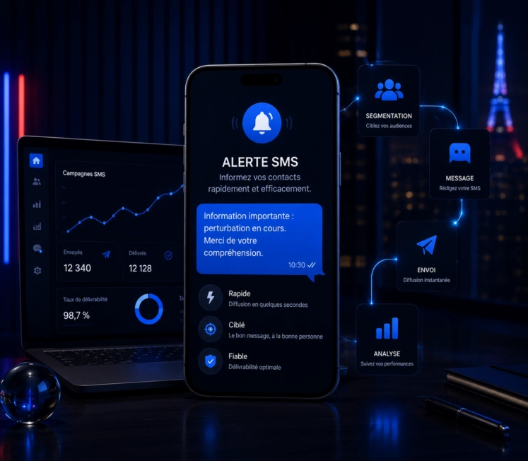 Illustration d'une plateforme d'envoi d'alertes SMS affichée sur un ordinateur et un smartphone, mettant en avant la diffusion rapide de notifications et le suivi des performances.