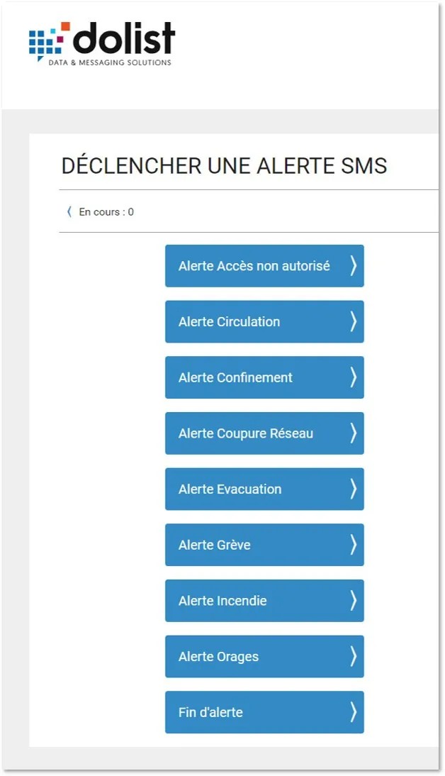 interface administrateur de paramétrage d'alertes sms