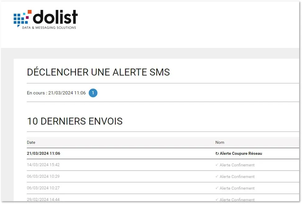 récapitulatif des 10 derniers envois d'alertes SMS