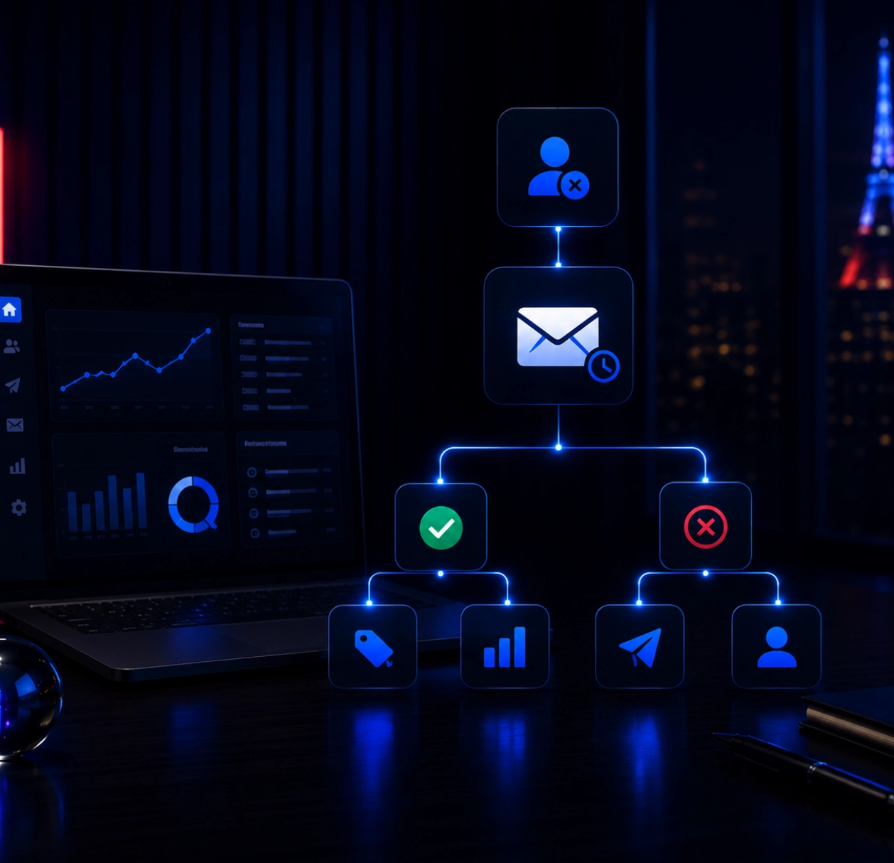Illustration d'un scénario de marketing automation montrant un workflow de réactivation des contacts inactifs avec des icônes de segmentation, d'email, d'analyse et de suivi des performances.