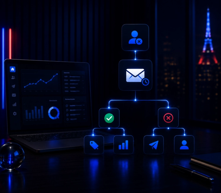 Illustration d'un scénario de marketing automation montrant un workflow de réactivation des contacts inactifs avec des icônes de segmentation, d'email, d'analyse et de suivi des performances.