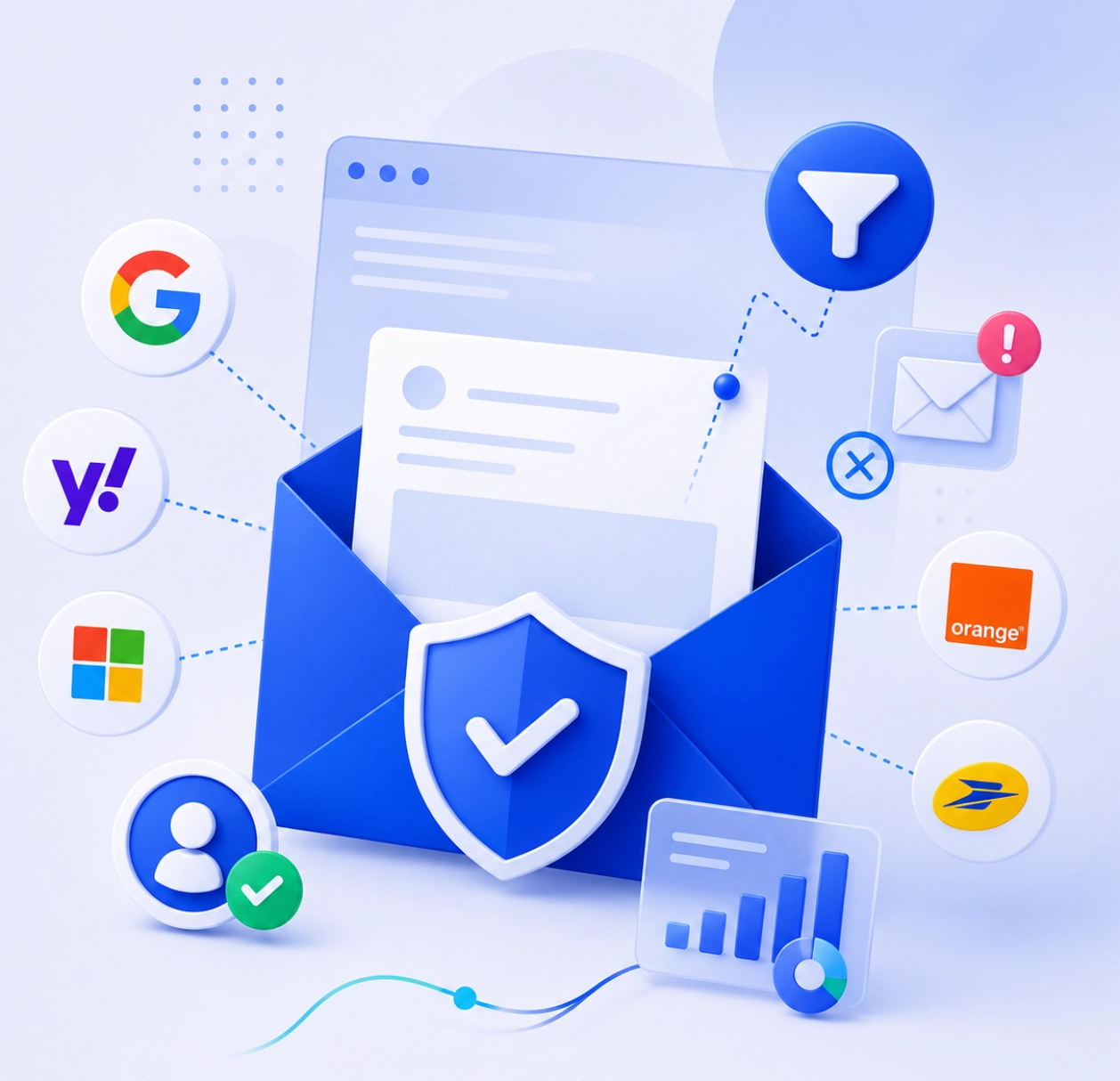 Illustration représentant un email sécurisé relié aux principaux fournisseurs de messagerie et à des éléments de sécurité, de réputation d'expéditeur et d'authentification afin d'illustrer les nouvelles exigences de délivrabilité email.