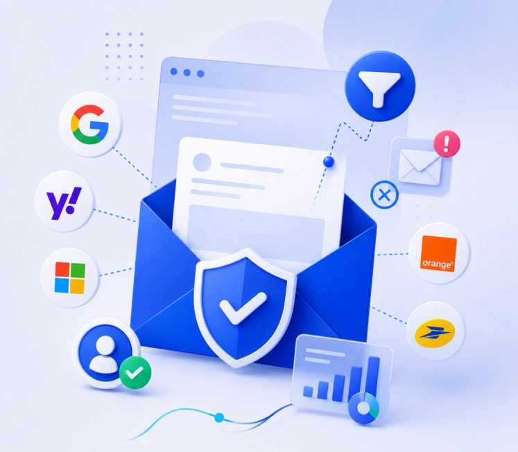 Illustration représentant un email sécurisé relié aux principaux fournisseurs de messagerie et à des éléments de sécurité, de réputation d'expéditeur et d'authentification afin d'illustrer les nouvelles exigences de délivrabilité email.