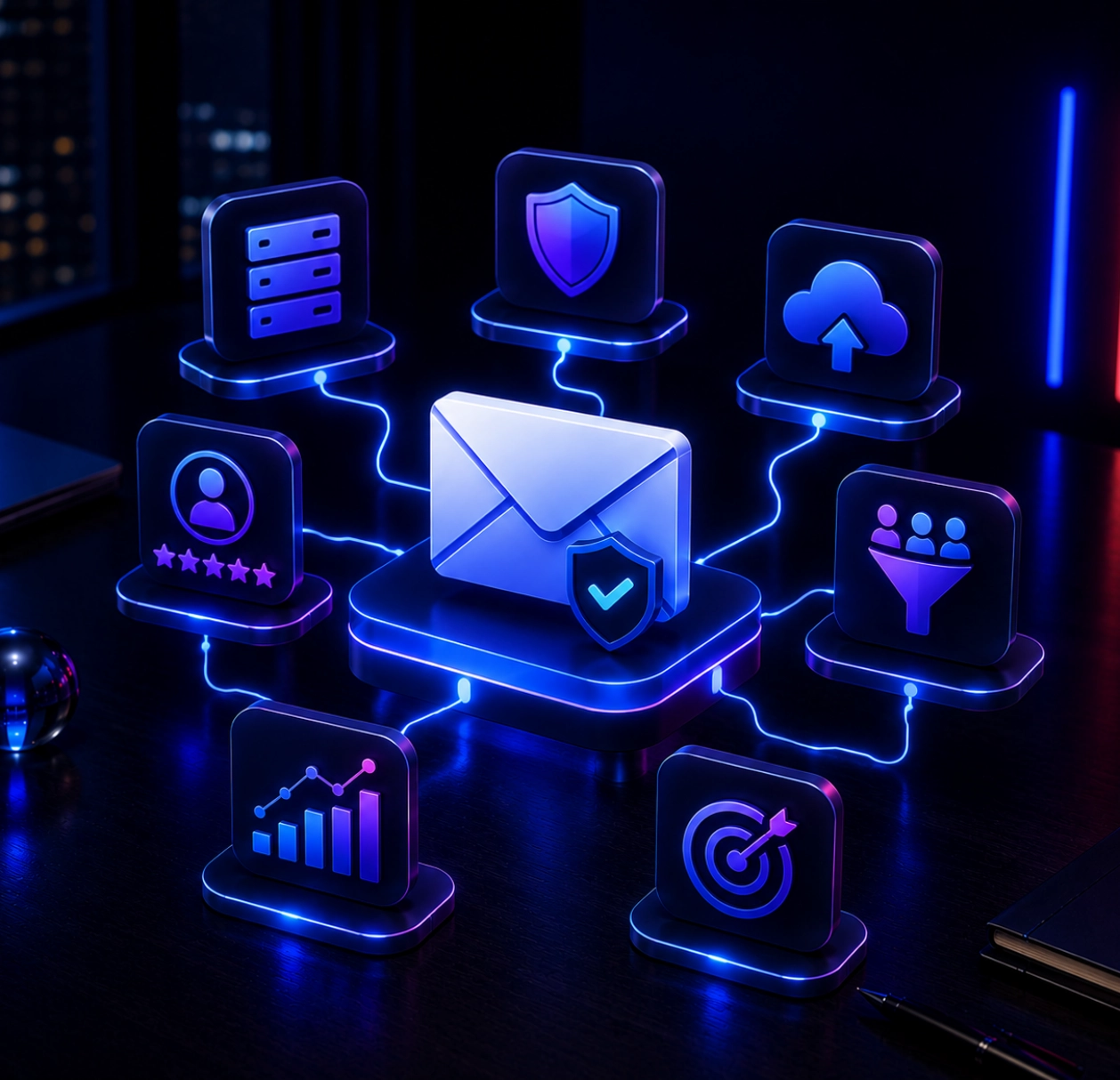 Illustration représentant une plateforme emailing reliée à des éléments de sécurité, d'authentification, de réputation d'expéditeur, de segmentation et d'analyse des performances afin d'illustrer les facteurs clés de la délivrabilité email.
