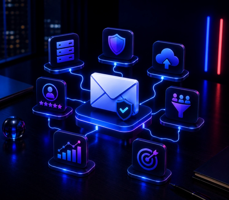 Illustration représentant une plateforme emailing reliée à des éléments de sécurité, d'authentification, de réputation d'expéditeur, de segmentation et d'analyse des performances afin d'illustrer les facteurs clés de la délivrabilité email.