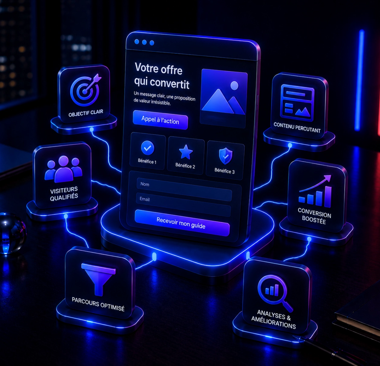 Illustration 3D d’une landing page avec formulaire et appels à l’action, entourée d’éléments représentant les visiteurs qualifiés, le contenu, l’optimisation du parcours, la conversion et l’analyse des performances.