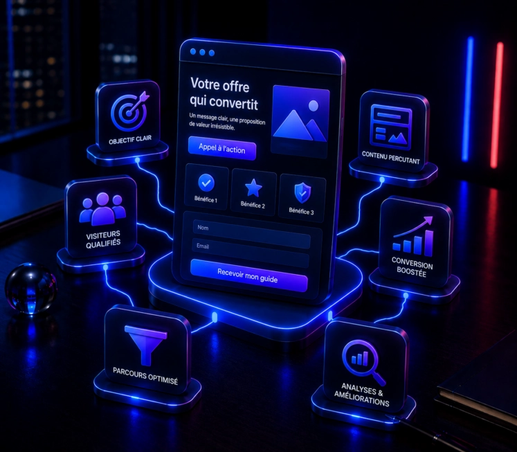 Illustration 3D d’une landing page avec formulaire et appels à l’action, entourée d’éléments représentant les visiteurs qualifiés, le contenu, l’optimisation du parcours, la conversion et l’analyse des performances.