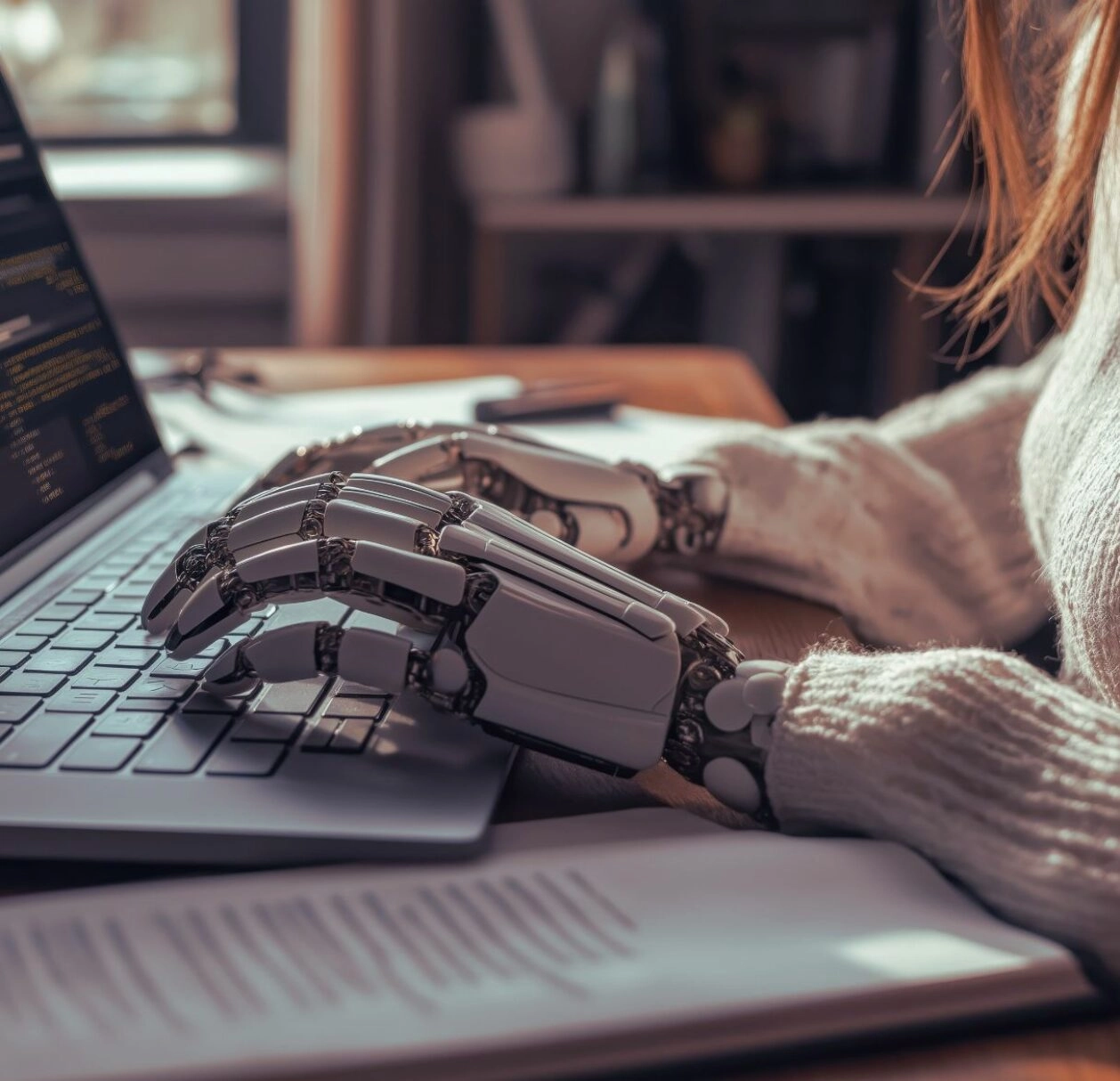 Main robotisée utilisant un ordinateur portable pour illustrer les robots cliqueurs et les interactions non humaines qui faussent les statistiques des campagnes email.