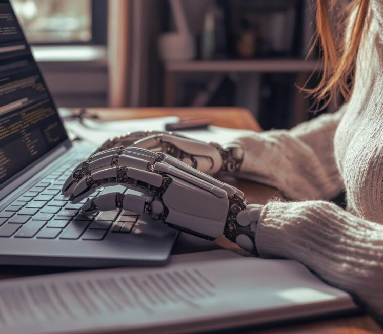 Main robotisée utilisant un ordinateur portable pour illustrer les robots cliqueurs et les interactions non humaines qui faussent les statistiques des campagnes email.