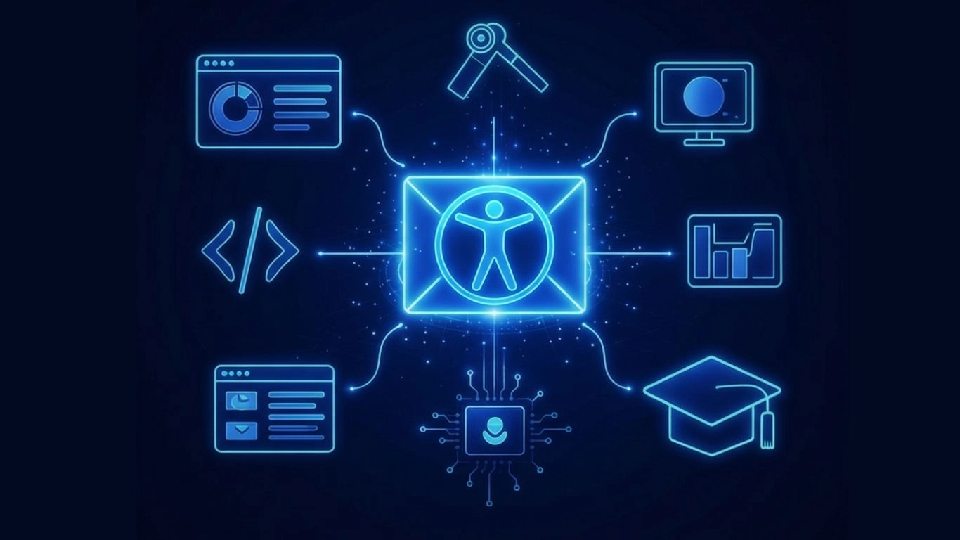 Illustration d’un e-mail accessible connecté à des éléments de code, de design, de données et de formation.