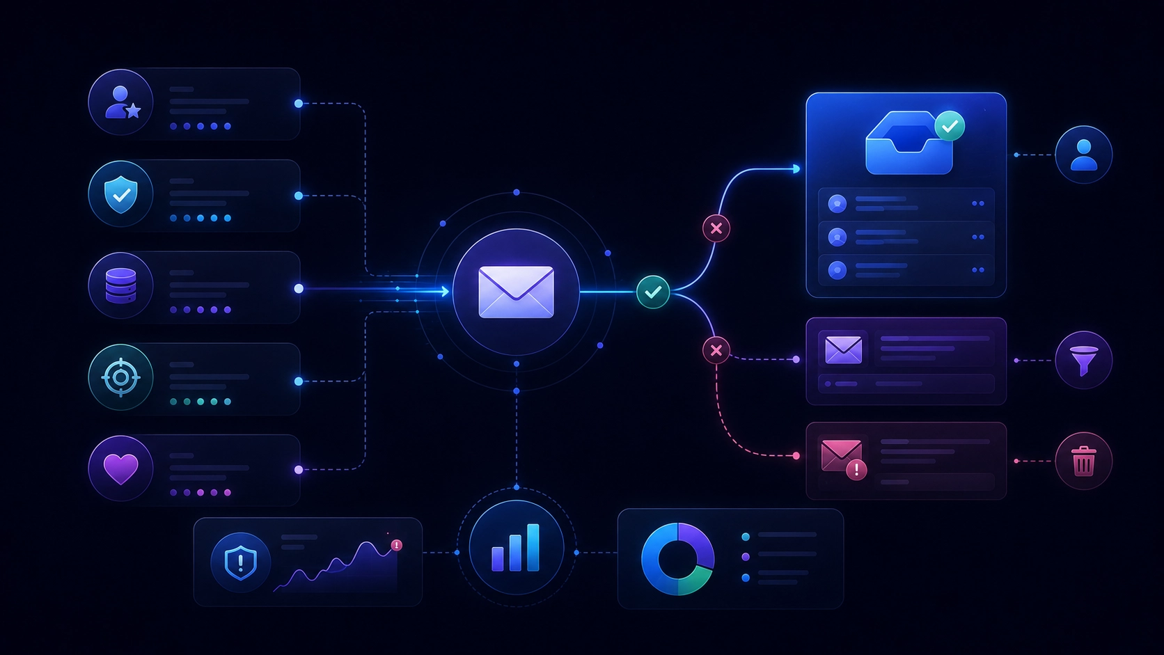 Illustration technique représentant le pilotage d’une campagne email, avec données contacts, sécurité, ciblage, validation, segmentation et indicateurs de performance.