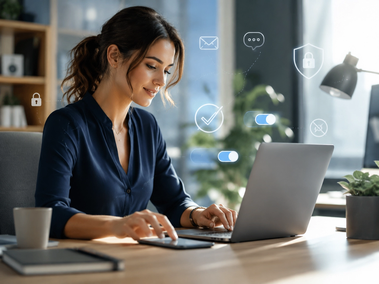 Professionnelle travaillant sur ordinateur avec des pictogrammes de sécurité, validation, email et messagerie, illustrant la gestion sécurisée des communications digitales.