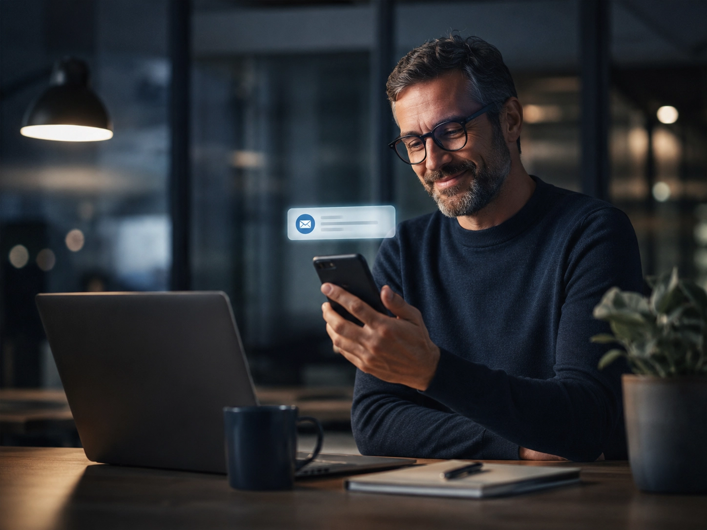 Professionnel consultant son smartphone après la réception d’un message automatisé dans un environnement de travail sombre et moderne.