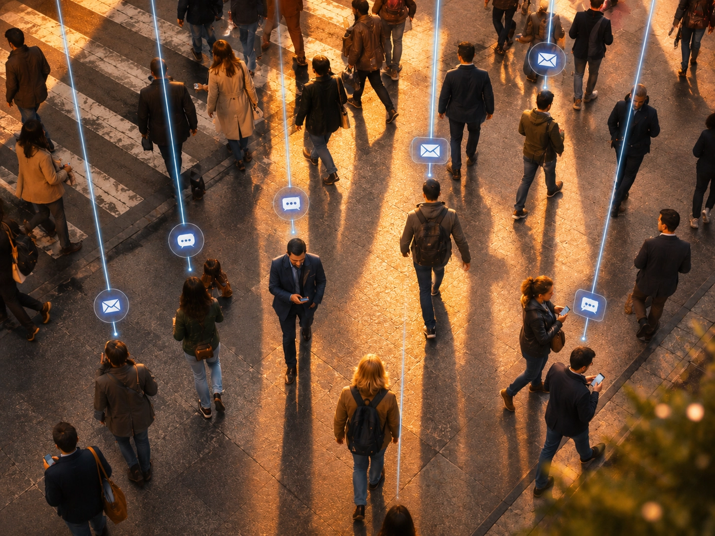 Vue aérienne d’une foule en ville, avec des icônes e-mail et SMS lumineuses symbolisant l’envoi de messages personnalisés à chaque passant.