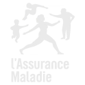 Logo l’Assurance Maladie sur fond transparent, avec silhouettes en mouvement et nom de l’organisme.