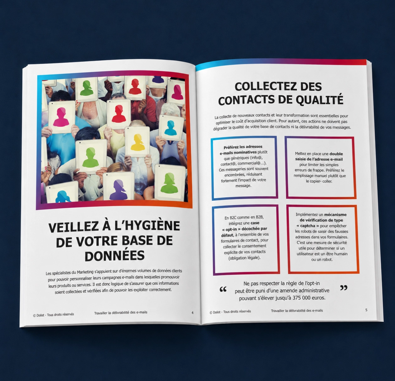 Guide pratique ouvert présentant des conseils pour travailler la délivrabilité des emails et collecter des contacts de qualité.