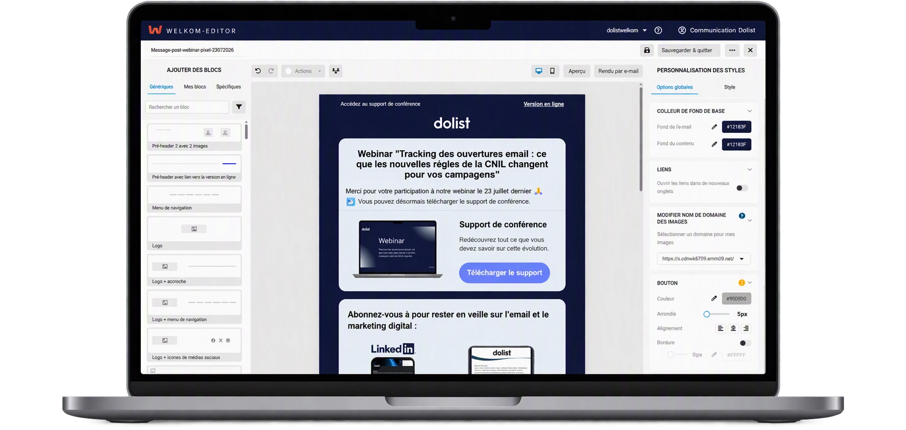 Interface Welkom Editor affichée sur un écran desktop, avec édition des blocs de contenu et personnalisation des styles.