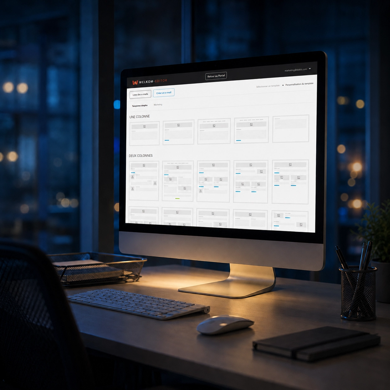 Écran affichant l’interface Welkom Editor avec une bibliothèque de templates e-mail prêts à personnaliser.