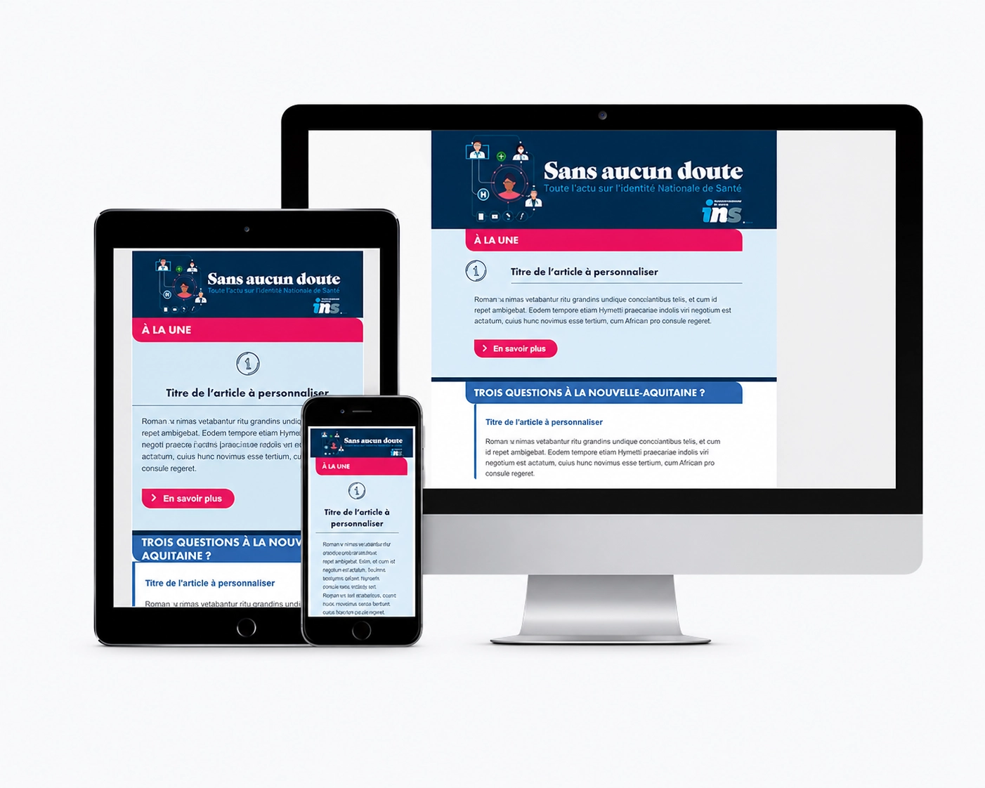 Aperçu responsive d’une newsletter affichée sur ordinateur, tablette et smartphone pour vérifier son adaptation sur différents écrans.