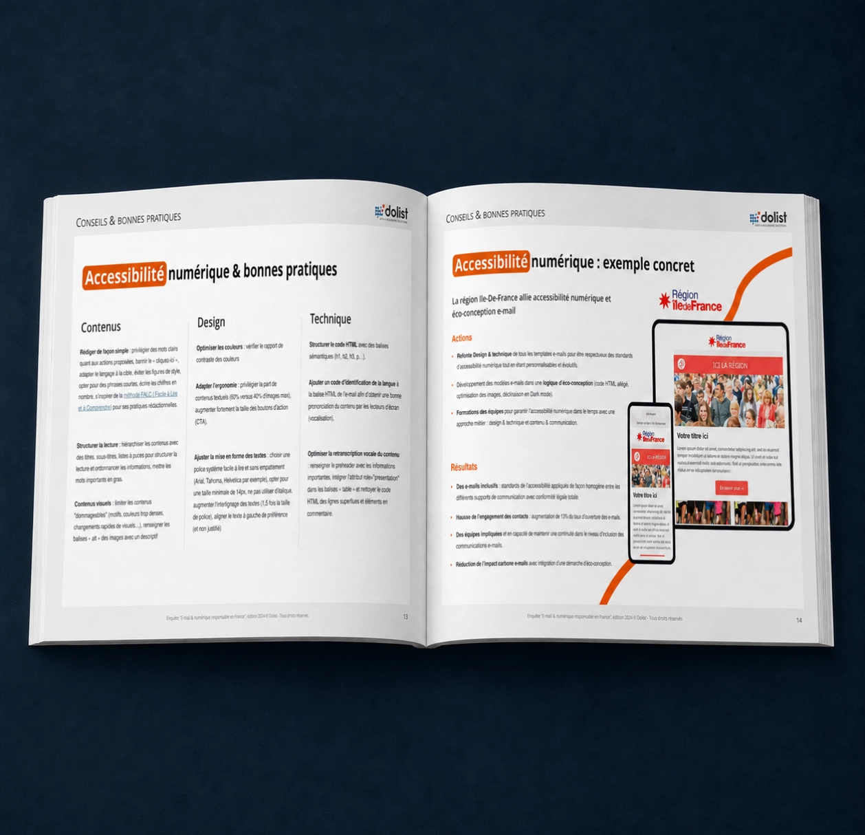 Mock-up d’un guide ouvert sur l’enquête E-mail & Numérique Responsable en France 2024, avec un exemple de bonnes pratiques d’accessibilité numérique.