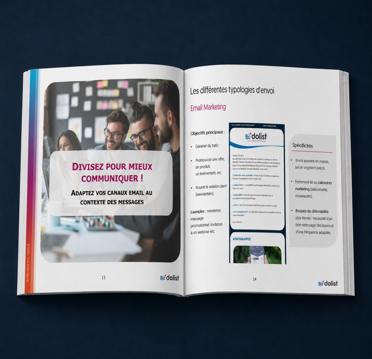Mock-up d’un guide ouvert sur une conférence dédiée aux différentes typologies d’envois e-mail : marketing, trigger et transactionnel.