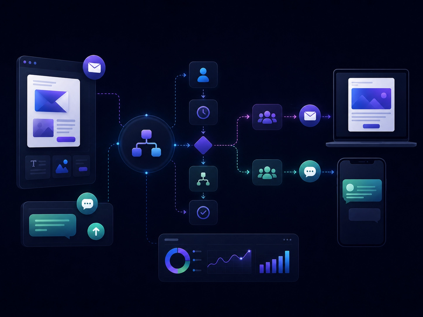 Illustration d’un scénario automatisé reliant création d’e-mail, segmentation, envoi multicanal et analyse des performances pour améliorer la délivrabilité.