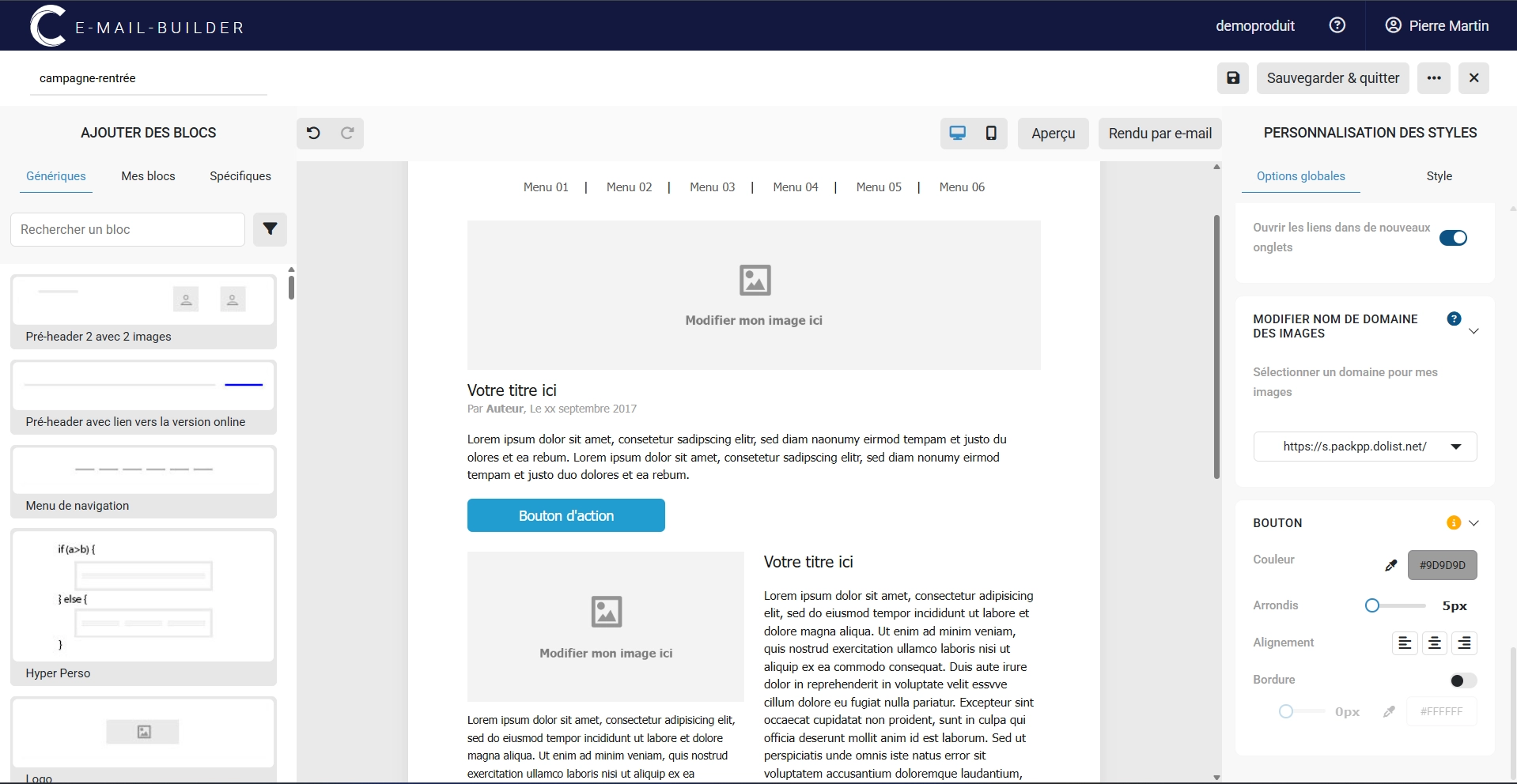 Capture d’écran de l'éditeur email de Campaign montrant l’interface de création et de personnalisation d’un email.