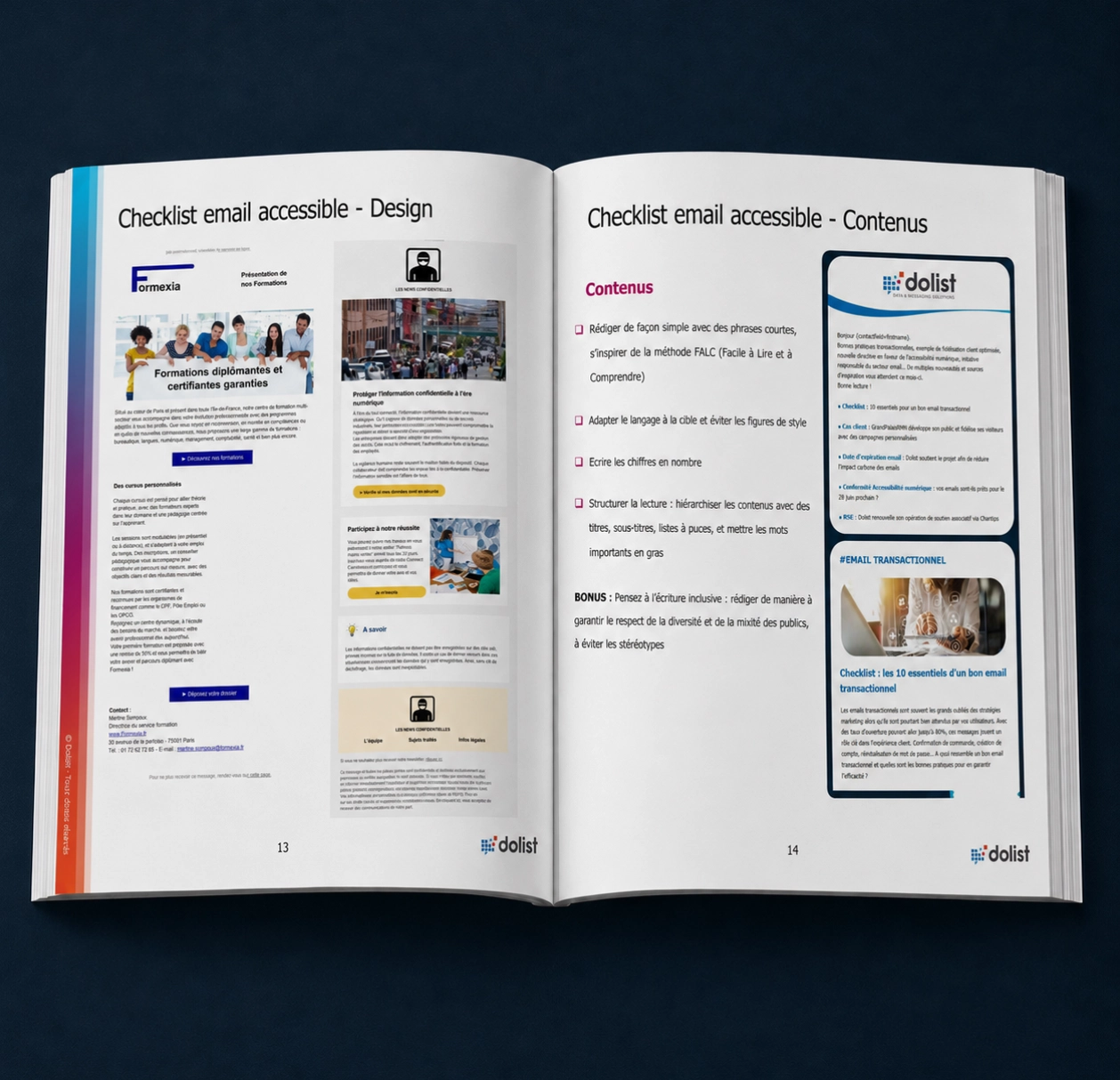 Mock-up d’un guide ouvert sur une conférence dédiée à l’accessibilité numérique des e-mails et à l’European Accessibility Act.