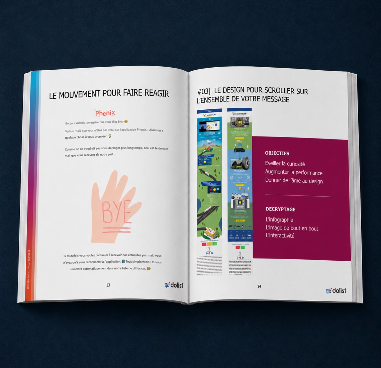 Mock-up d’un guide ouvert sur une conférence dédiée aux opérations marketing événementielles et à l’animation de base contacts.