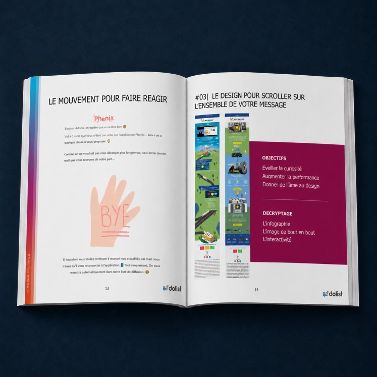 Mock-up d’un guide ouvert sur une conférence dédiée aux opérations marketing événementielles et à l’animation de base contacts.