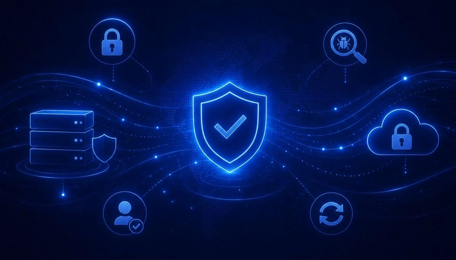 Illustration d’un bouclier de sécurité connecté à un serveur, un cloud et des pictogrammes de protection des données.