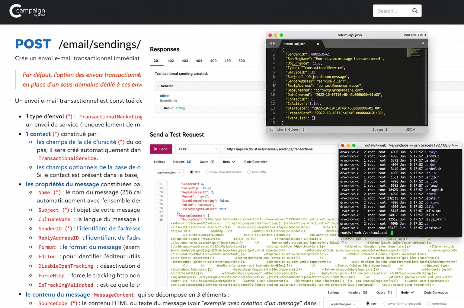 Documentation API Campaign affichant la création d’un envoi email transactionnel immédiat, avec exemple de requête et réponse JSON.