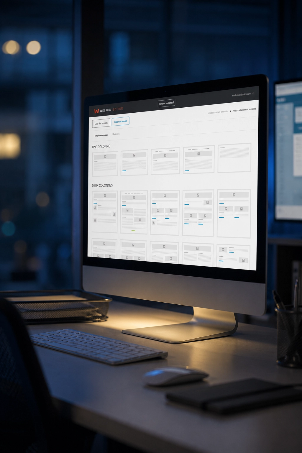 Écran affichant Welkom Editor avec une bibliothèque de templates e-mail personnalisables.