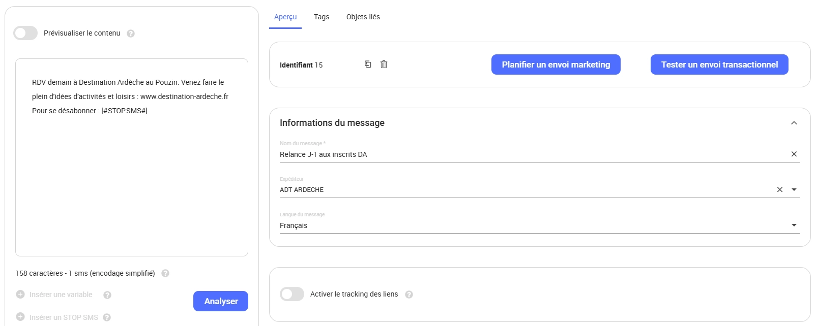 Capture d’écran de l’outil de création de campagnes SMS de Campaign avec les différents paramètres de configuration d’un envoi.